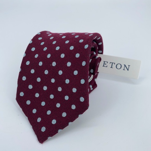 Eton Tie Mens One Size Maroon Blue Polka Dot Silk Classic Necktie Italy Made NWT